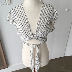 Lush White and Black Striped Tie-Front Crop Top